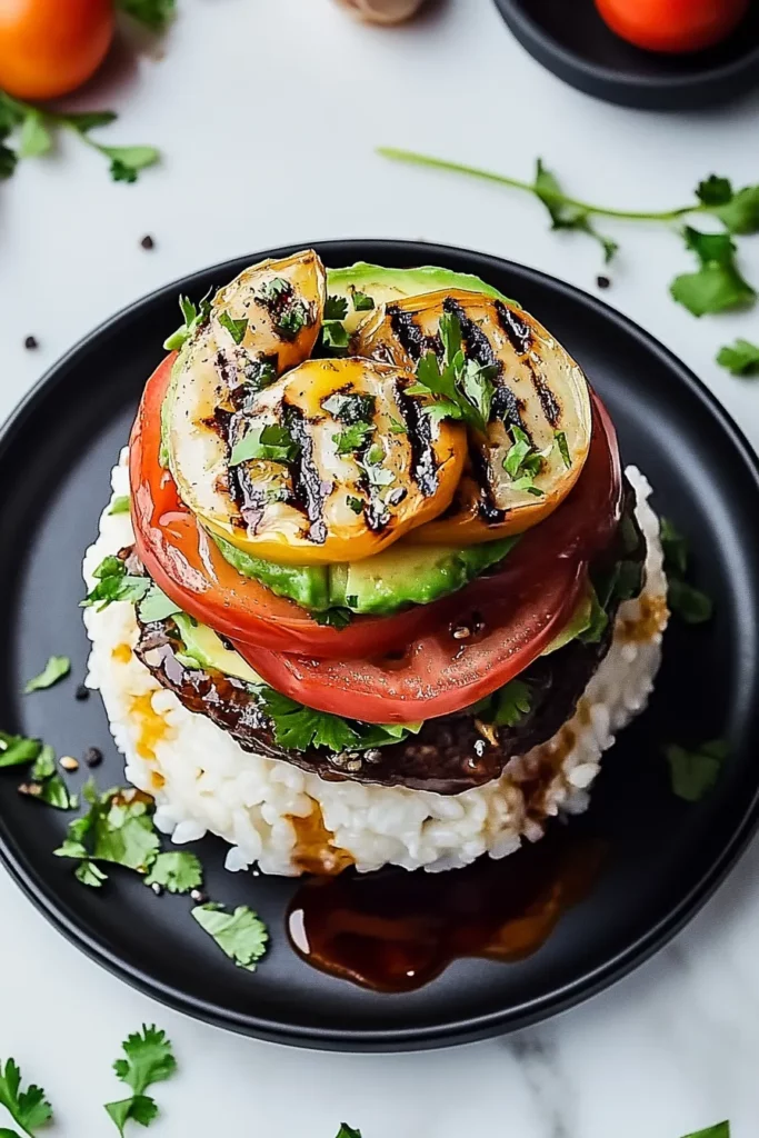 Grilled Beef and Tomato Avocado Rice Stack β Andrew Taste
